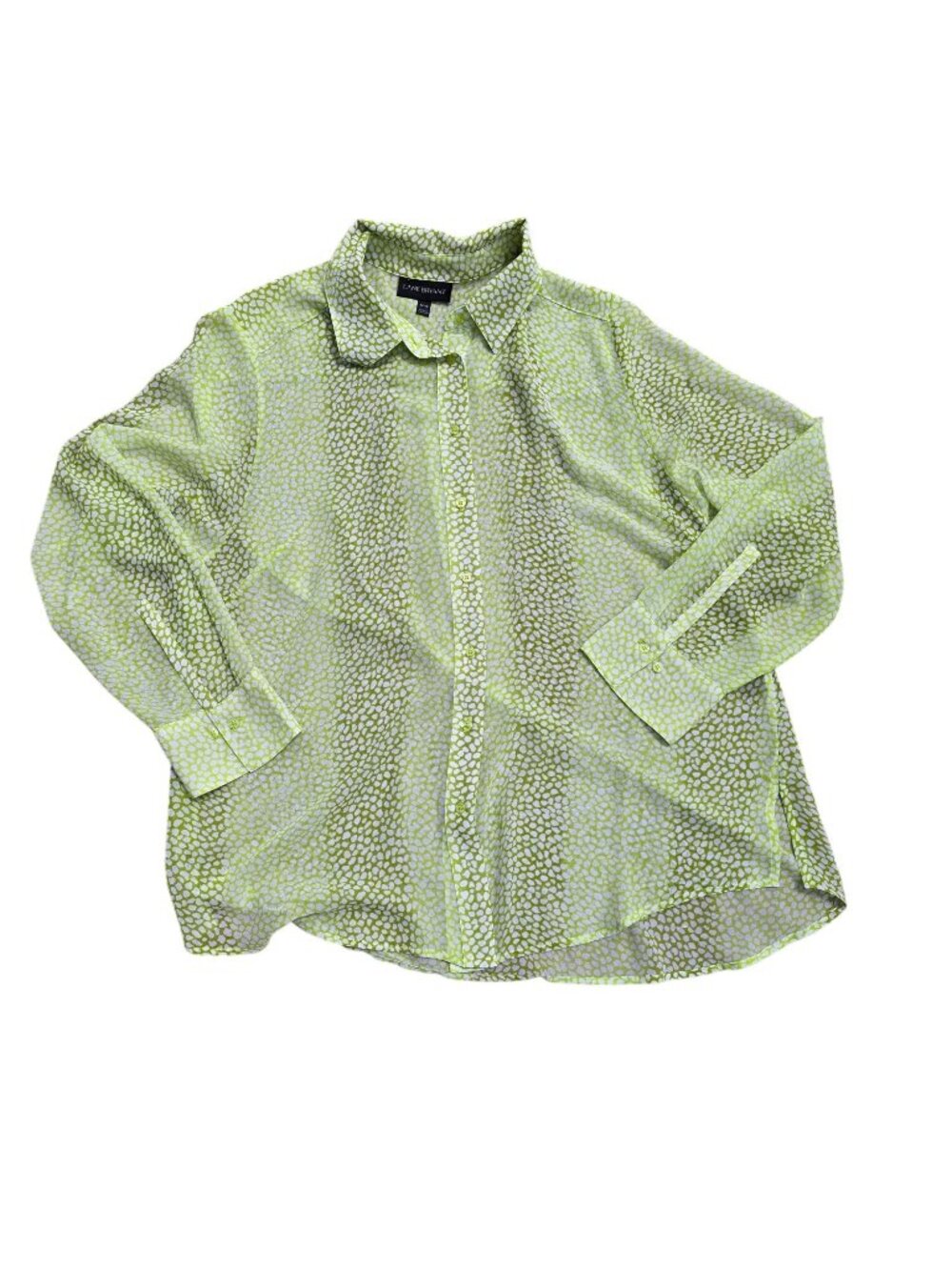 Lane Bryant Women's Button-Down Shirt Green 14/16 Lightweight Sheer Animal Print